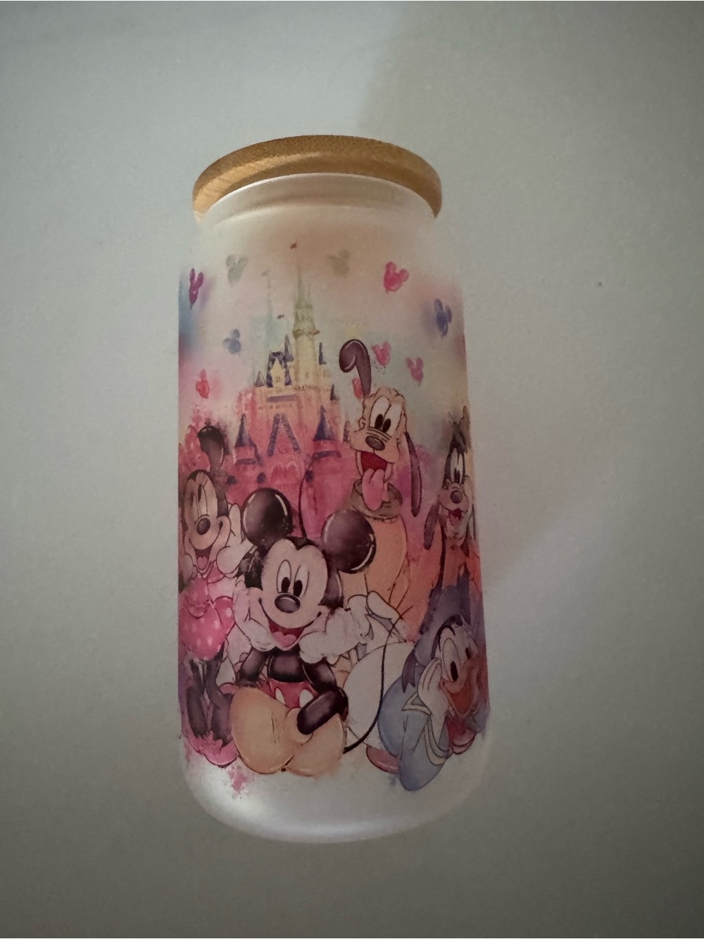 Character Glass Tumbler with Wooden Lid - Pink Pastel NWOT